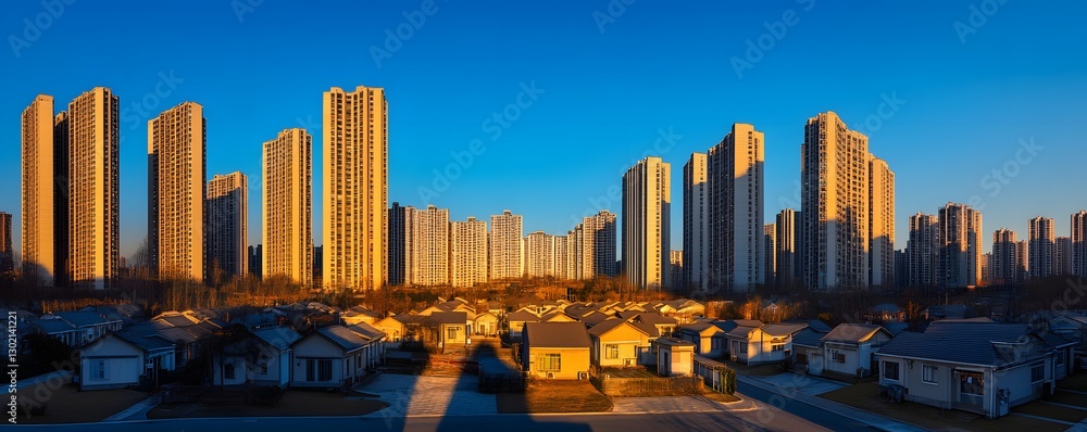 Naklejka premium Dense urban landscape showing juxtaposition of houses and apartments