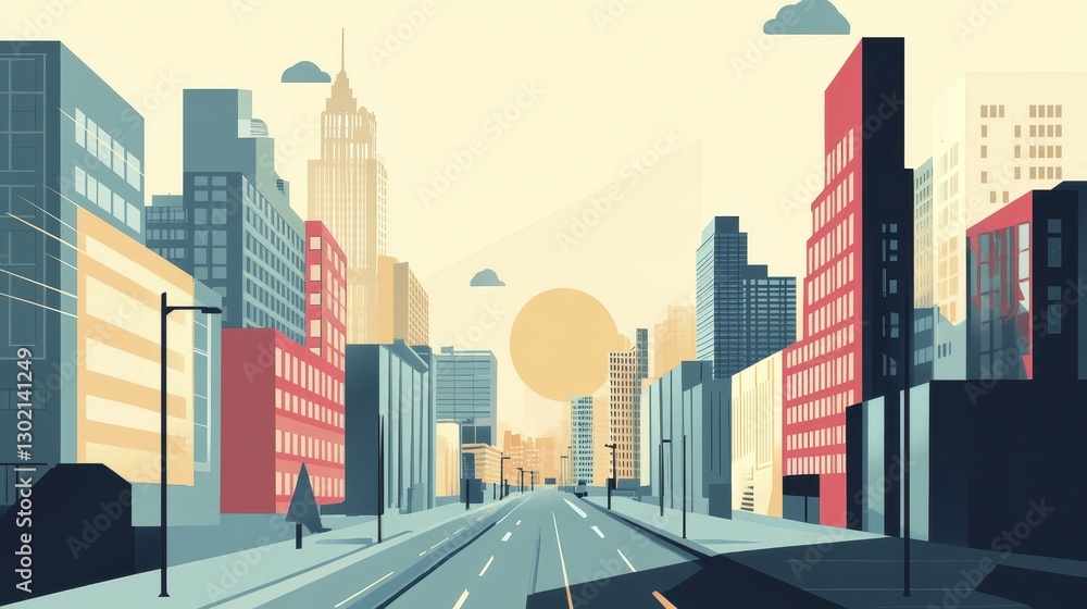 Obraz premium A Serene Cityscape at Sunrise: Modern Architecture and Tranquil Streets