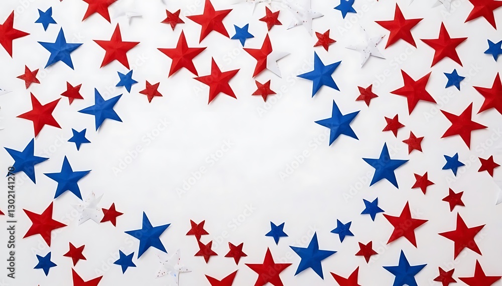 2 4th of July American Independence Day. Happy Independence Day. Red, blue and white star confetti, paper decorations on white background. 4 2 4th of July American Independence Day. Happy Independence Day. Red, blue and white star confetti, paper decorations on white background. 4