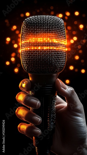 Glowing Mic Held on Dark Stage
