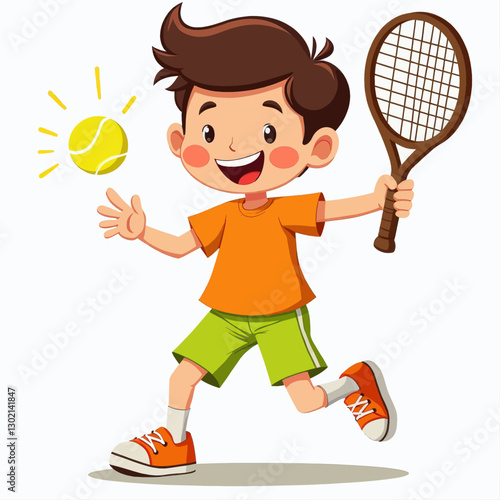 Enthusiastic Cartoon Boy Plays Tennis with Racket and Ball