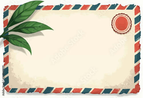 Envelope with Airmail Border, Stamp, and Leaves with transparent background