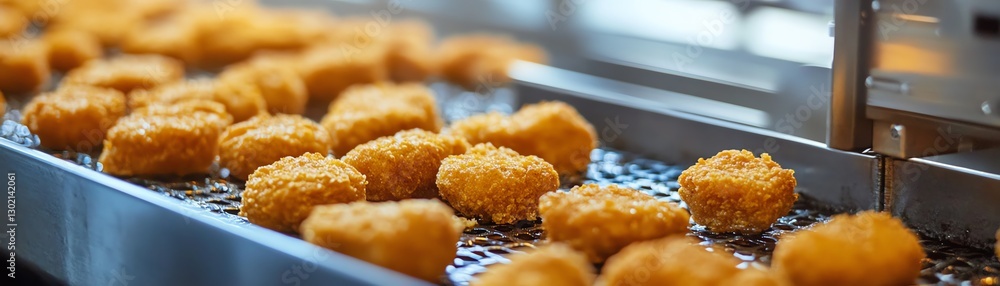 Crispy golden chicken nuggets frying in a commercial kitchen. Crispy golden chicken nuggets frying in a commercial kitchen.