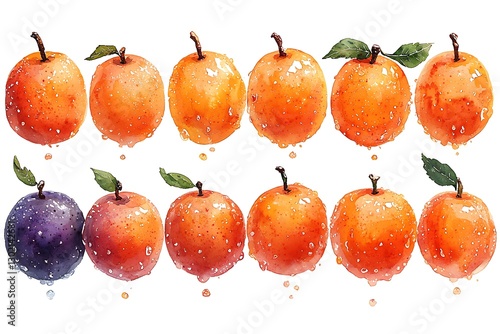 Watercolor Apricots and Plum, Dripping, White