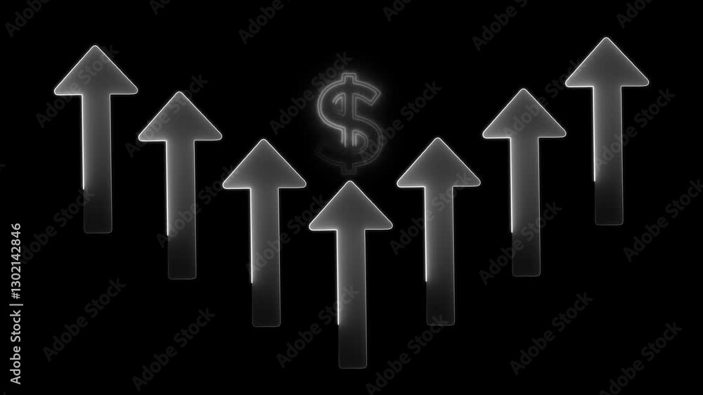 Glowing neon line of dollar sign icon and up arrow isolated on ...