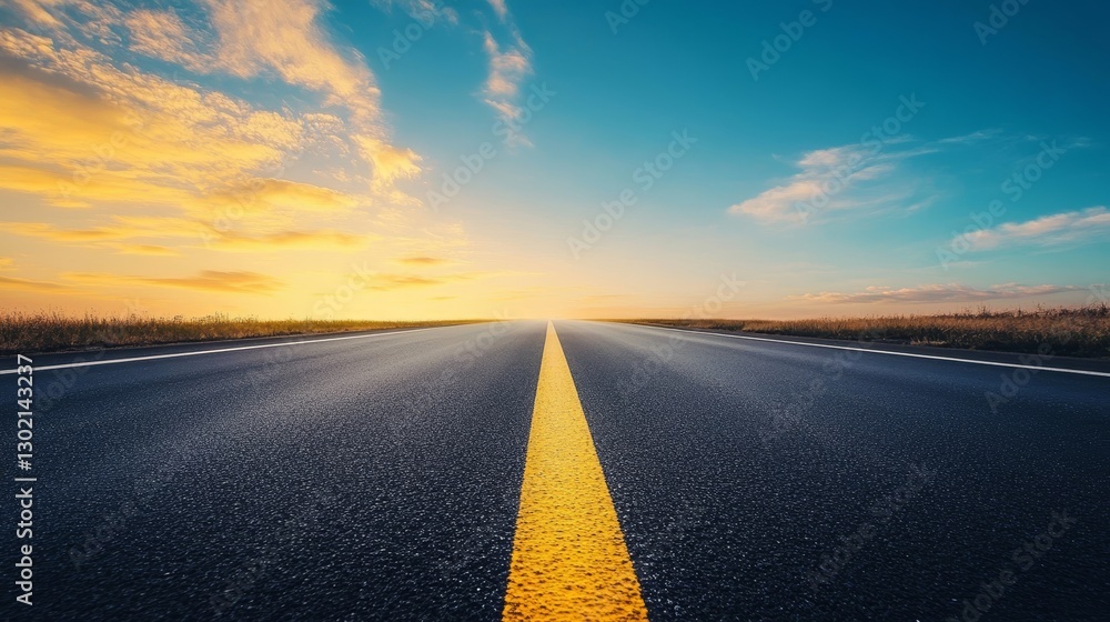 Fototapeta premium Deserted Highway at Sunset: Yellow Line and Expansive Sky