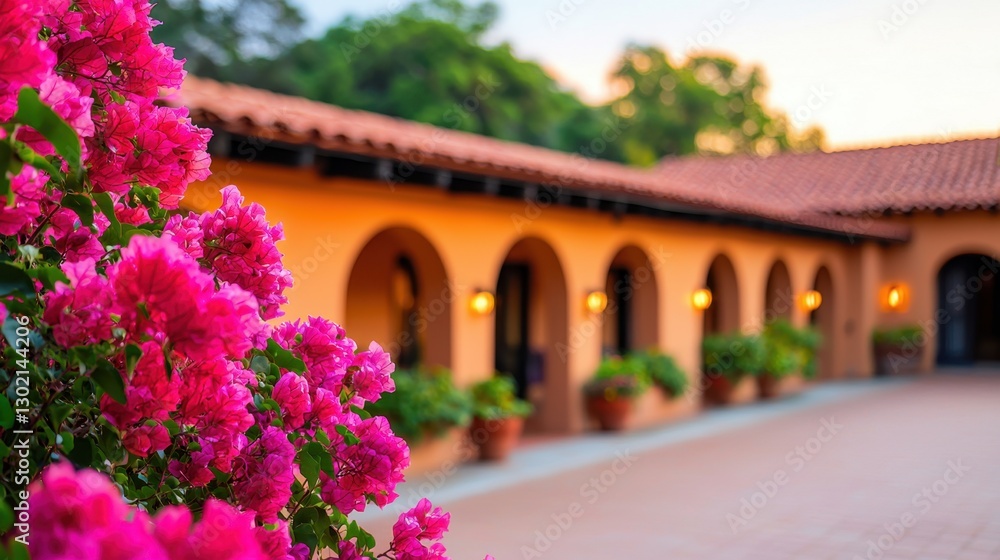 Fototapeta premium Elegant Mexican Hacienda Style Inn with Vibrant Bougainvillea Flowers