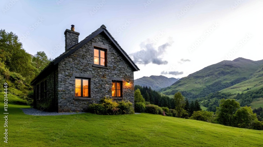 Stone Highland Inn with Warm Glow Amidst Scenic Scottish Landscape Stone Highland Inn with Warm Glow Amidst Scenic Scottish Landscape