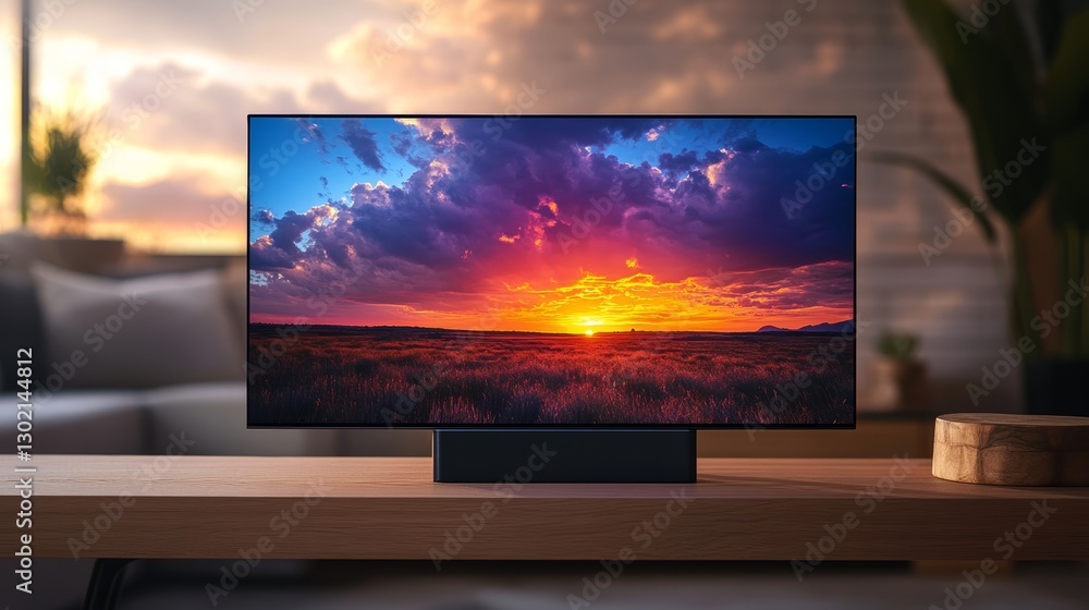 Fototapeta premium Oak Table Display: Vivid Sunset on Screen Modern Living 