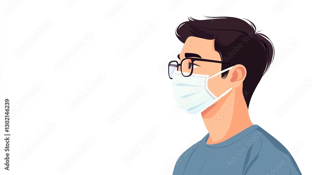 Profile of a young man wearing glasses and a surgical mask, isolated on white background. Profile of a young man wearing glasses and a surgical mask, isolated on white background.
