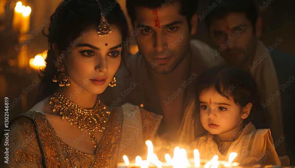 Family praying, candlelight ceremony, temple Family praying, candlelight ceremony, temple