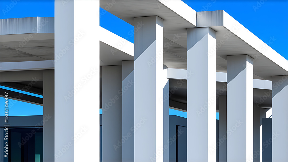Obraz premium This image depicts the structural details of a modern building. In the scene, several white concrete columns and beams form an open frame structure5