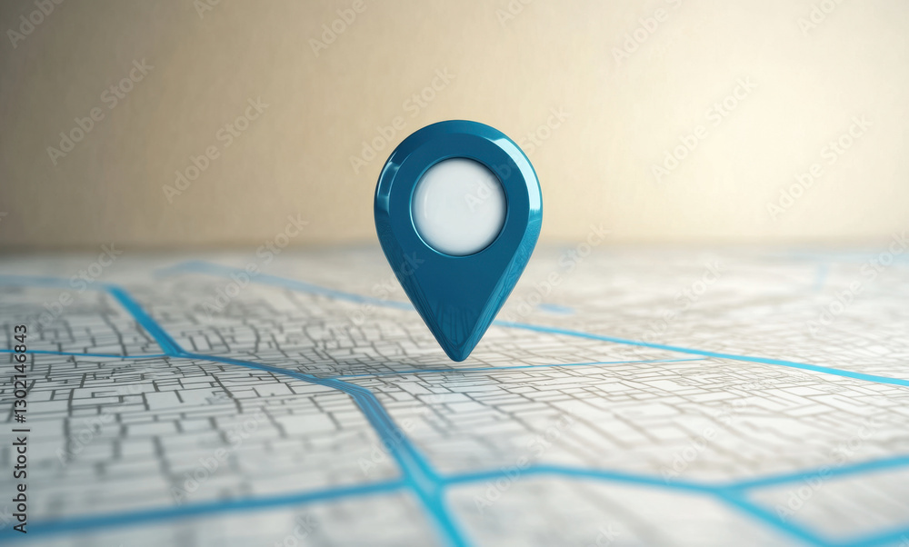 Fototapeta premium blue location pin icon stands prominently on open map, symbolizing navigation and exploration. This evokes sense of adventure and discovery