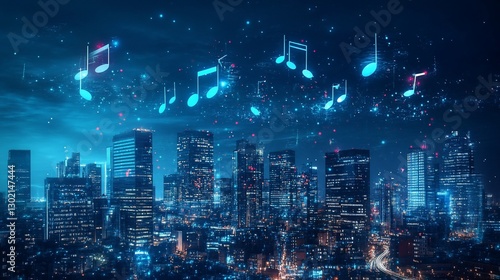 Cityscape at night with floating music notes and shimmering lights in the sky