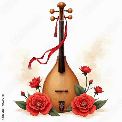 Ornate Stringed Instrument with Red Roses and Ribbon, transparent background