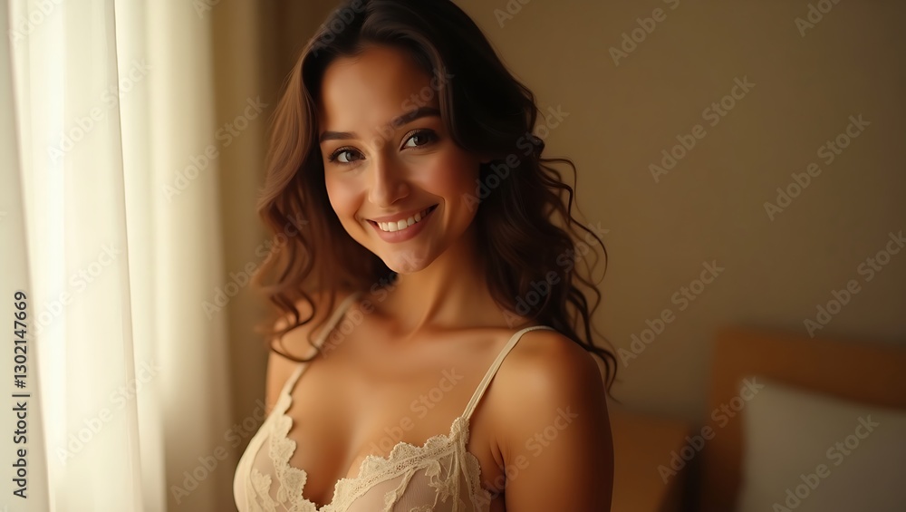 Love Yourself: Smiling Woman in Underwear Embracing Natural Beauty Love Yourself: Smiling Woman in Underwear Embracing Natural Beauty