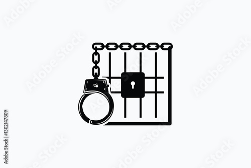 Vector illustration of chain handcuffs and iron prison fence design. Criminal handcuffs logo