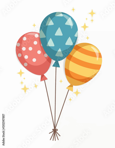 Party balloons with geometric patterns and stars, transparent background