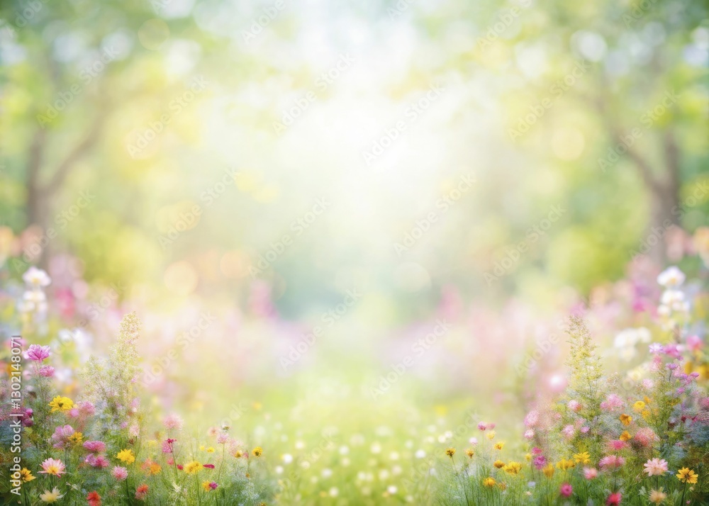 Fototapeta premium Ethereal impressionist depiction of a spring landscape with diffuse light, abstract floral dabs, and a dreamy, watercolor finish.
