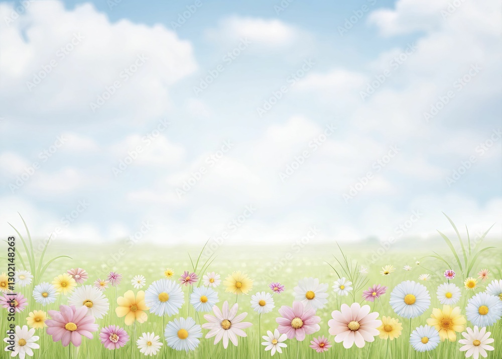 Fototapeta premium Minimalist watercolor illustration of a vibrant spring field, with delicate floral outlines and soft, bleeding colors.