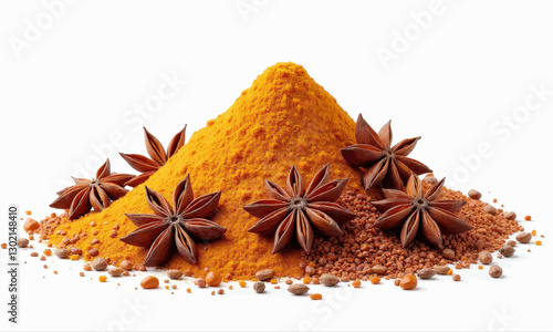 Pile of Turmeric Powder with Star Anise and Seeds, transparent background