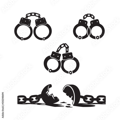 Handcuff and Broken Chain Icons, Symbol of Freedom, Justice, Crime, Imprisonment, Law Enforcement, Prison Escape, Human Rights, Black and White Vector Illustration for Legal and Social Concepts  