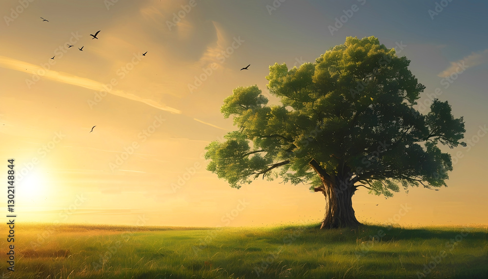 Obraz premium Golden Hour Oak: A majestic oak tree stands solitary in a serene meadow, its lush green foliage illuminated by the warm glow of the setting sun, with birds soaring overhead.