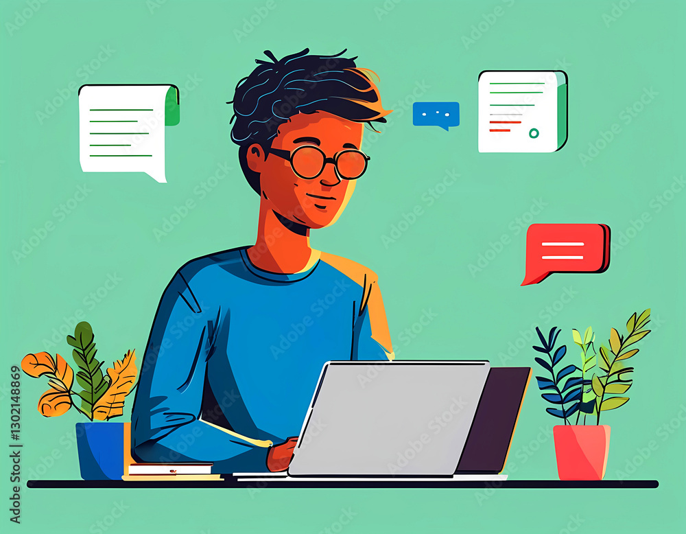 Digital Workspace: An illustration of a person engrossed in their work at a laptop, surrounded by digital elements, representing modern communication and productivity. Digital Workspace: An illustration of a person engrossed in their work at a laptop, surrounded by digital elements, representing modern communication and productivity.