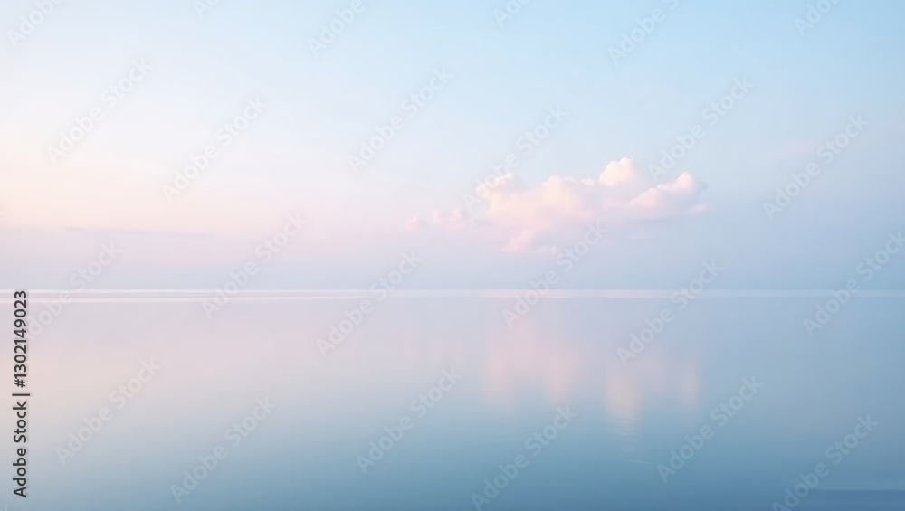 Obraz premium minimalist seascape photo of a peaceful ocean at daybreak sky is filled with soft pink to light blue pastel clouds clouds are reflected