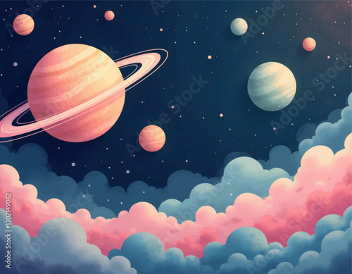 Planets in starry sky with colorful clouds, transparent background