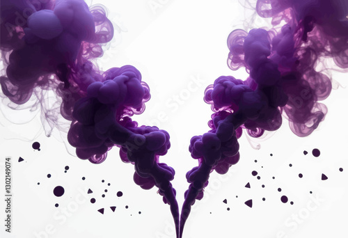 Purple ink plumes with geometric particle accents and transparent background