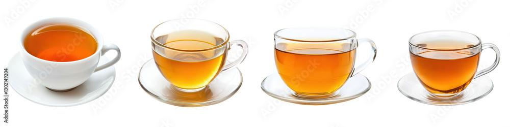 Assortment of steaming hot cups of traditional tea including black green herbal and specialty blends set on a wooden table in a peaceful minimalistic studio setting Assortment of steaming hot cups of traditional tea including black green herbal and specialty blends set on a wooden table in a peaceful minimalistic studio setting