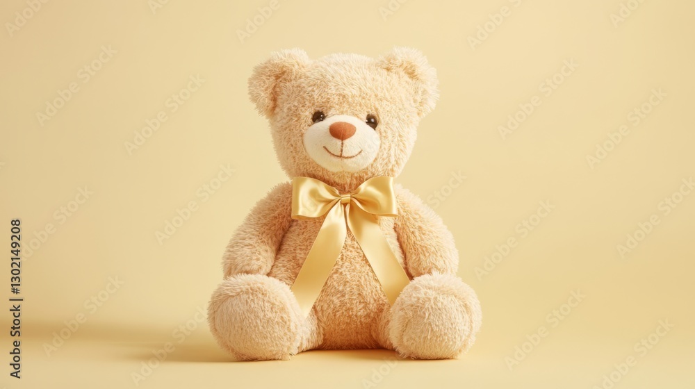 Adorable teddy bear with yellow bow on soft light background