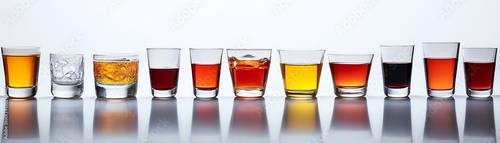 Various cocktail and beverage glasses lined up on a reflective surface. Various cocktail and beverage glasses lined up on a reflective surface.