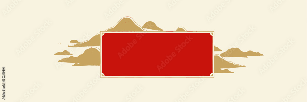 Obraz premium Red Rectangle Frame on Beige Mountains Illustration, transparent background