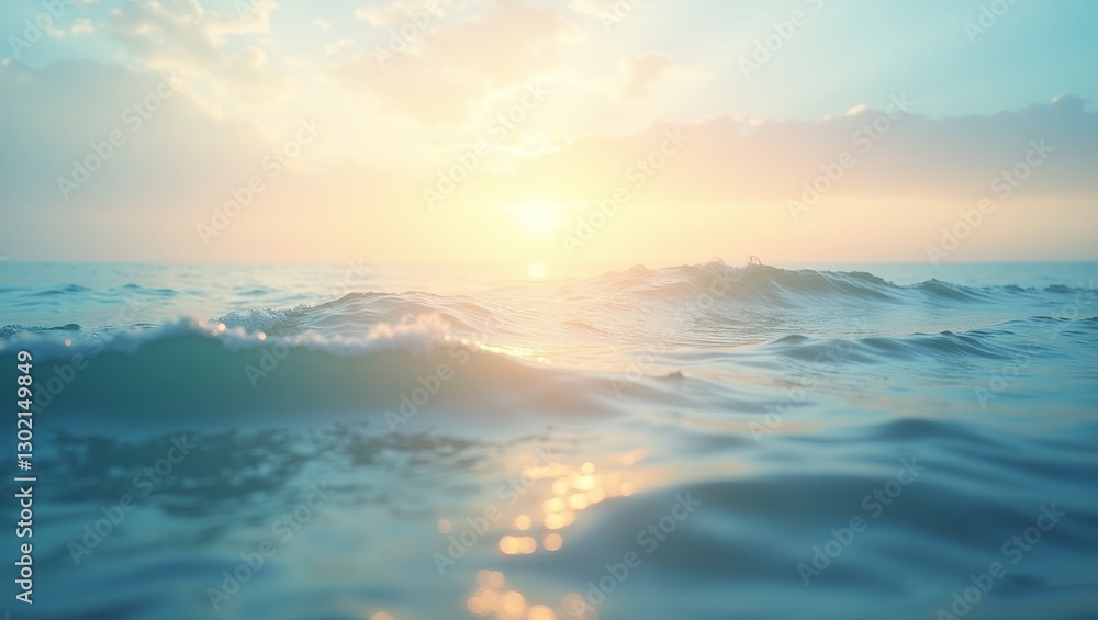 Obraz premium ocean landscape at sunrise, with gentle waves shimmering under the golden light. The sky blends soft blues and warm hues, creating a tranquil and blissful atmosphere.