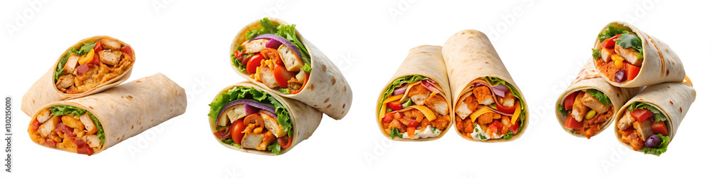 Crispy peri peri chicken burrito on a isolated white background Crispy peri peri chicken burrito on a isolated white background