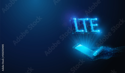 Lowpoly LTE Mobile Network over Smartphone in Hand.Abstract geometric 3D abbreviation illustration on innovation wireless communication technology hardware concept by wireframe mesh on blue background