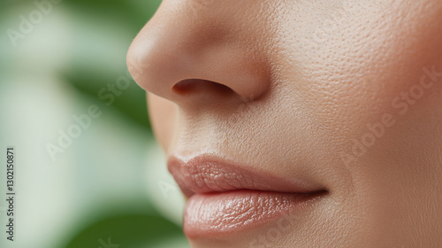 close up of woman face showcasing smooth skin, soft lips, and natural look, surrounded by green foliage, conveying sense of tranquility and beauty