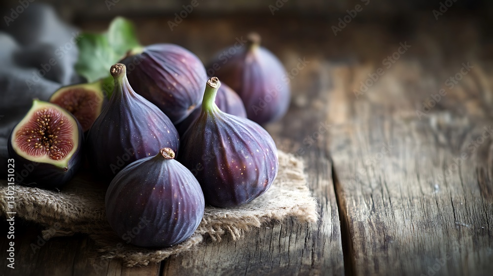 Fototapeta premium Dark Figs Arranged on Rustic Wooden Tabletop with Burlap Texture