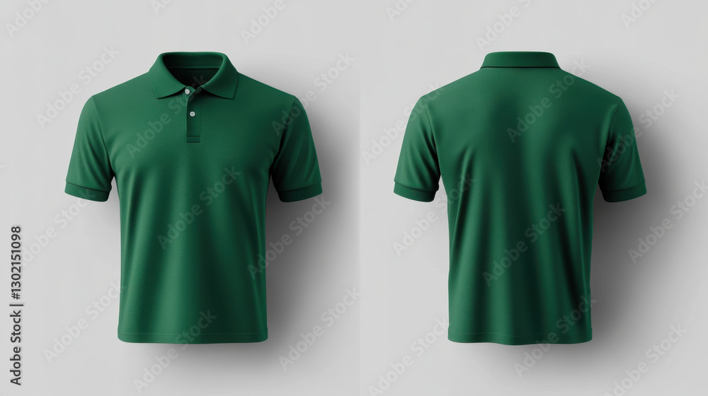 hyper realistic green polo shirt with short sleeves, featuring classic collar and three buttons, displayed from front and back. Perfect for casual wear or sports hyper realistic green polo shirt with short sleeves, featuring classic collar and three buttons, displayed from front and back. Perfect for casual wear or sports