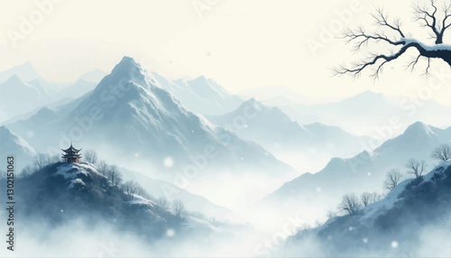 Snowy Mountain Range with Asian Pagoda and Bare Tree Branch