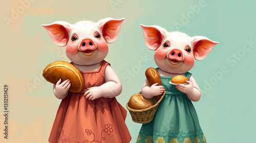 pig women with foods,  health diet concept 