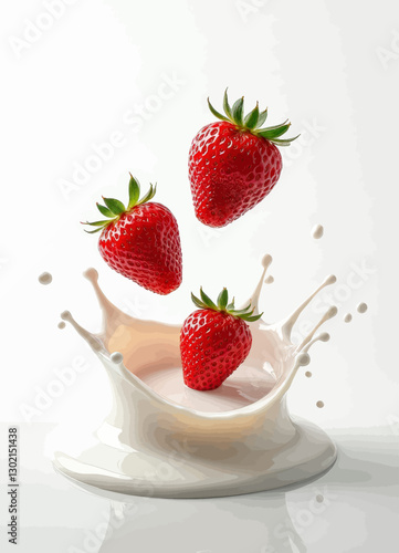 Strawberries splashing into creamy milk creating a dynamic crown