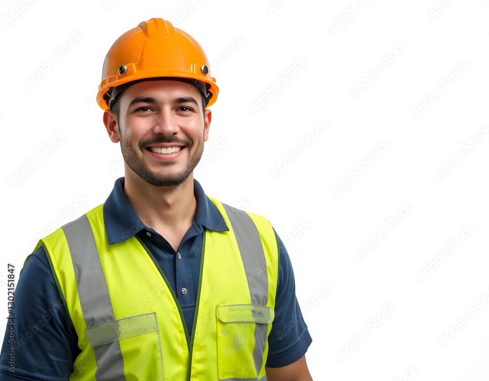 Smiling Construction Worker in Safety Gear with Orange Hard Hat Smiling Construction Worker in Safety Gear with Orange Hard Hat
