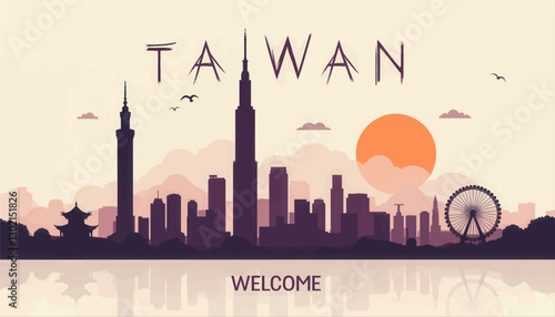 Taiwan Welcome Skyline Silhouette with Ferris Wheel