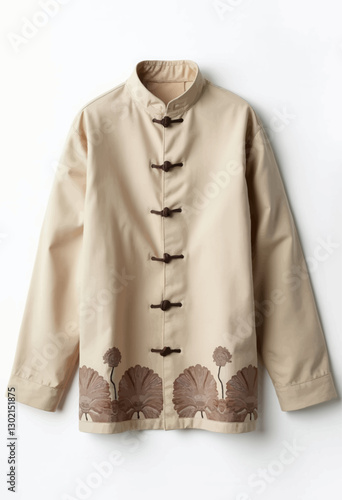 Tan mandarin collar jacket with toggle closures and floral embroidery, transparent background