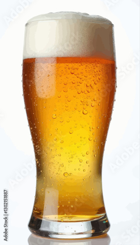 Tall glass of bubbly golden beer with a white foam head