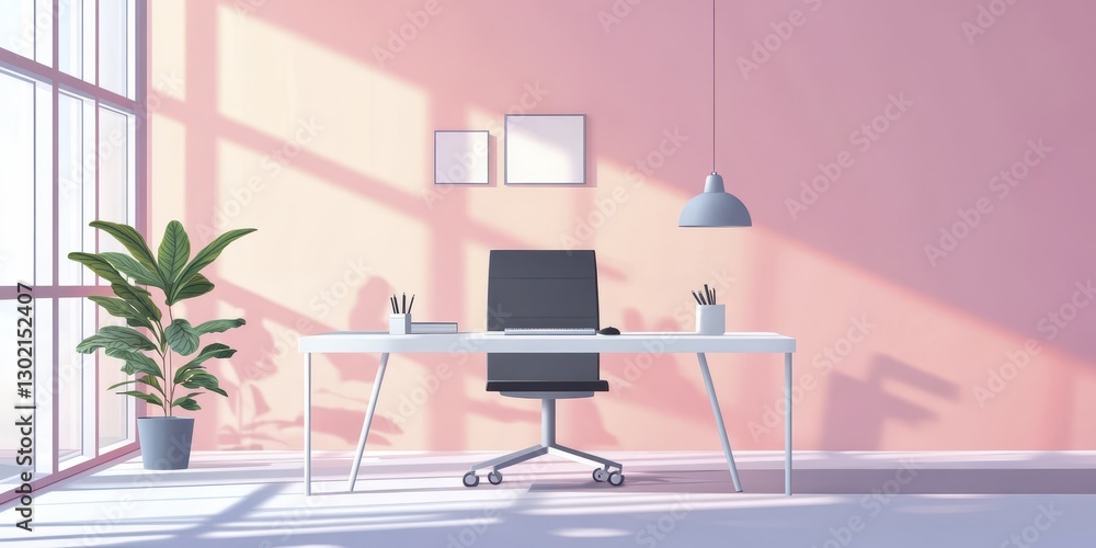 Fototapeta premium Modern Minimalist Home Office Workspace Design with Sunlight Streaming Through Large Window