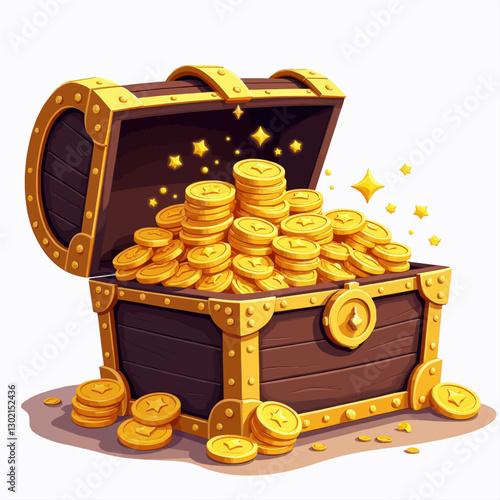 Treasure Chest Overflowing with Gold Coins and Stars, transparent background